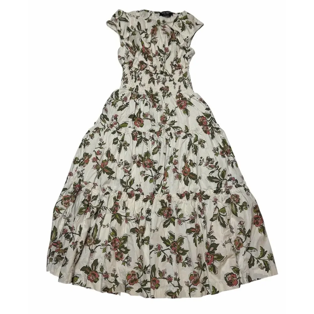 Kate Spade Forest Blooms Blaire Midi Dress Cream Cotton Floral Print size XS